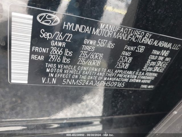 Photo 8 VIN: 5NMS24AJ6PH509165 - HYUNDAI SANTA FE 