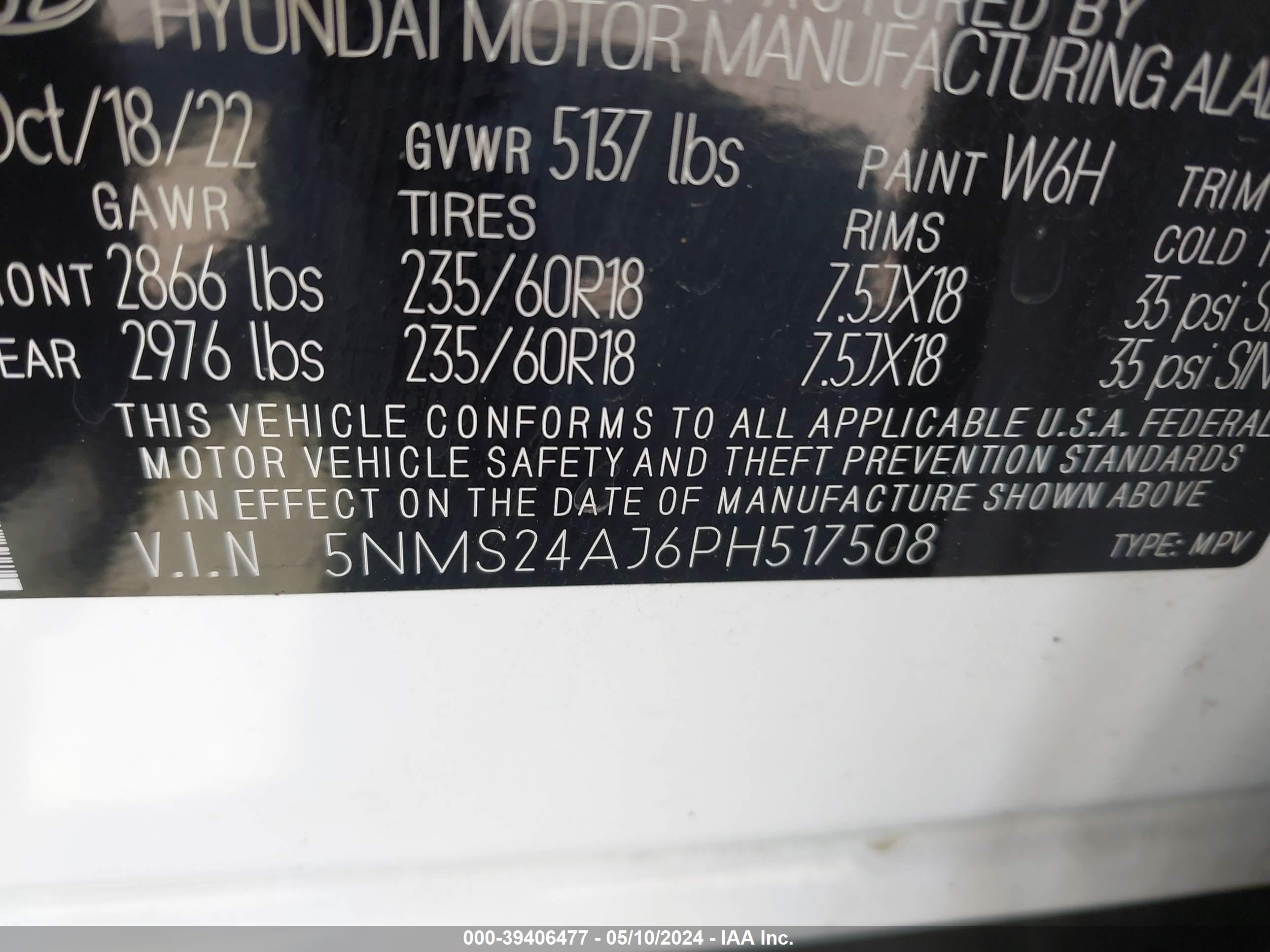 Photo 8 VIN: 5NMS24AJ6PH517508 - HYUNDAI SANTA FE 