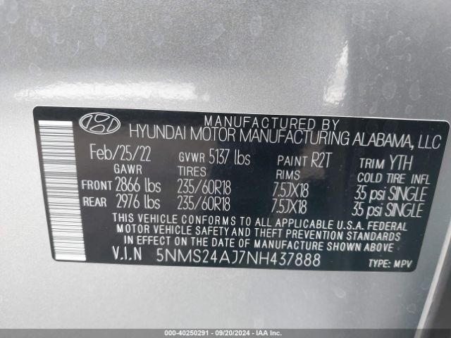 Photo 8 VIN: 5NMS24AJ7NH437888 - HYUNDAI SANTA FE 