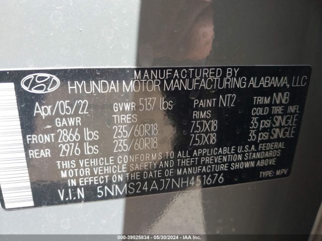 Photo 8 VIN: 5NMS24AJ7NH451676 - HYUNDAI SANTA FE 