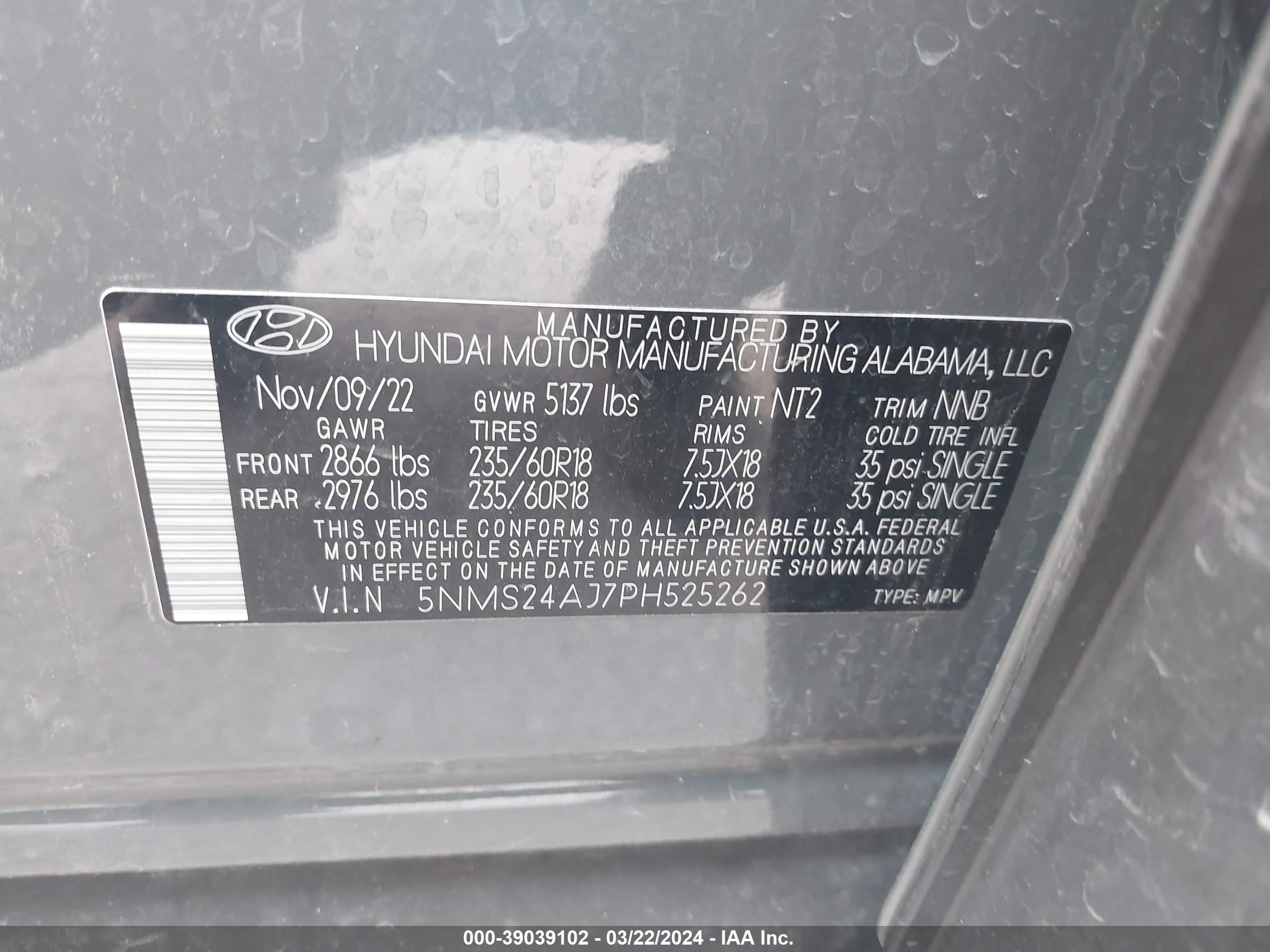 Photo 8 VIN: 5NMS24AJ7PH525262 - HYUNDAI SANTA FE 