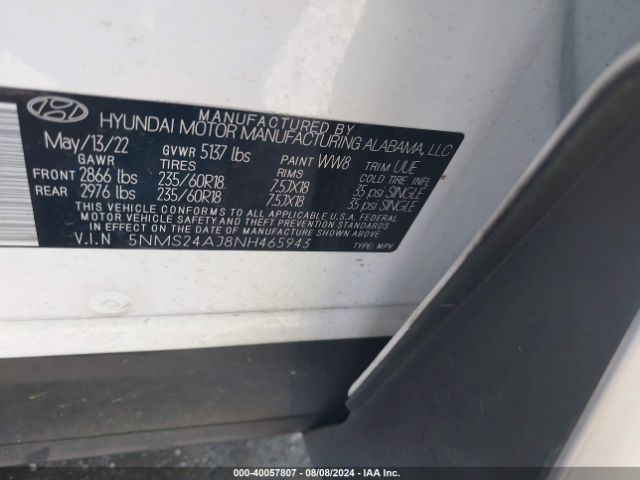 Photo 8 VIN: 5NMS24AJ8NH465943 - HYUNDAI SANTA FE 