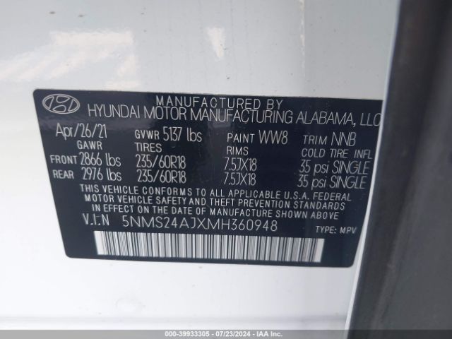 Photo 8 VIN: 5NMS24AJXMH360948 - HYUNDAI SANTA FE 