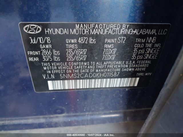 Photo 8 VIN: 5NMS2CAD0KH011587 - HYUNDAI SANTA FE 