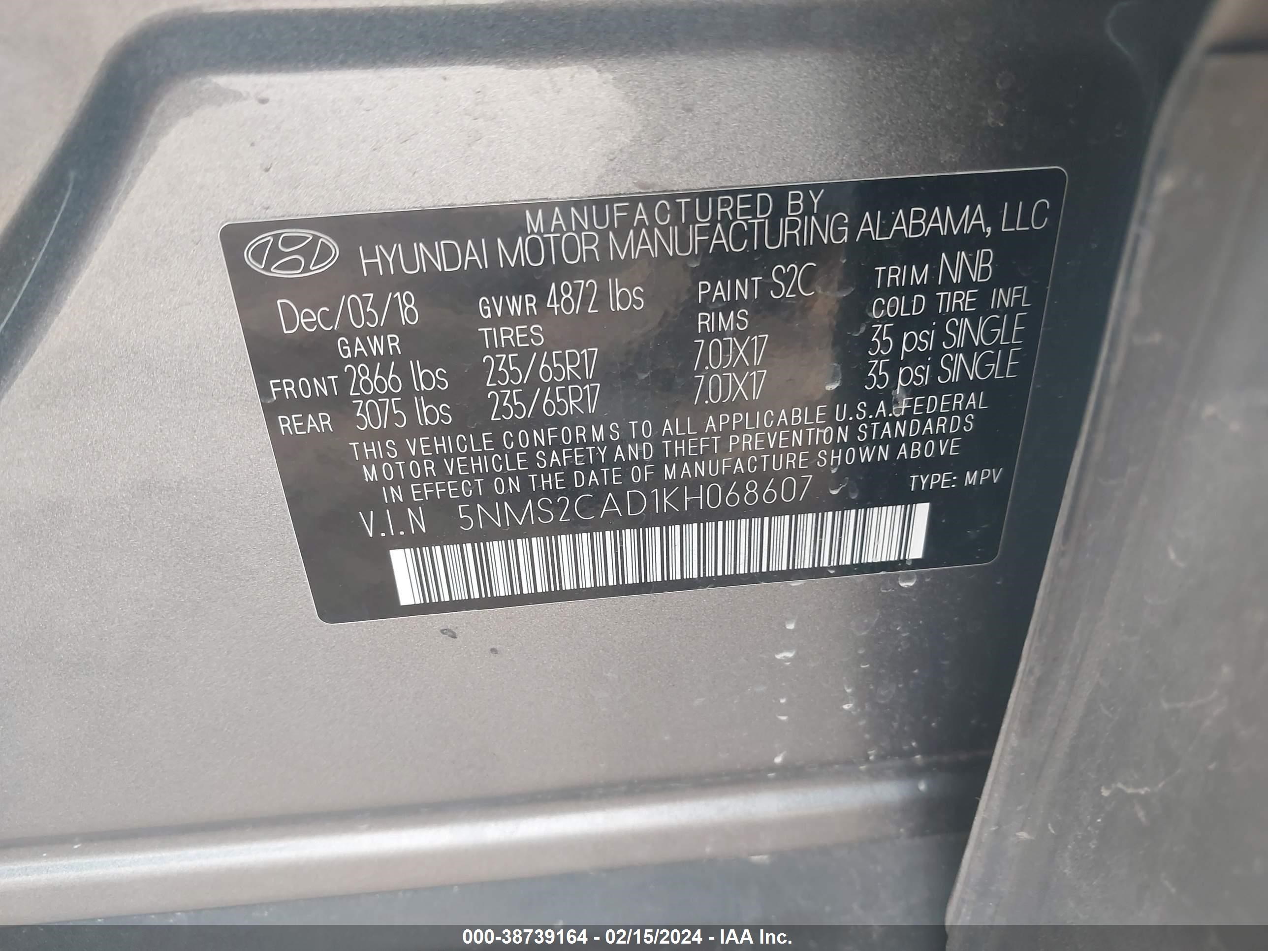 Photo 8 VIN: 5NMS2CAD1KH068607 - HYUNDAI SANTA FE 