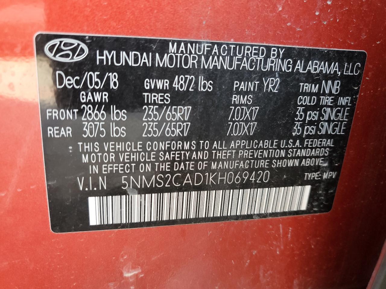 Photo 12 VIN: 5NMS2CAD1KH069420 - HYUNDAI SANTA FE 