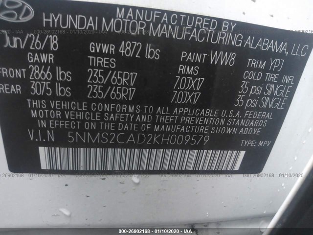 Photo 8 VIN: 5NMS2CAD2KH009579 - HYUNDAI SANTA FE 