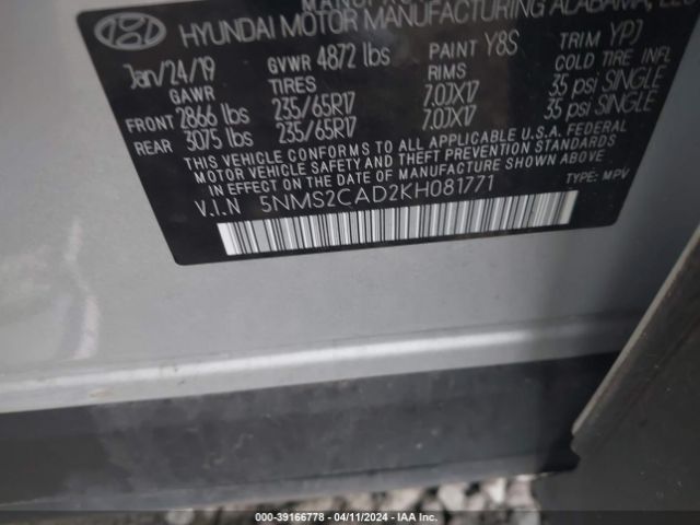 Photo 8 VIN: 5NMS2CAD2KH081771 - HYUNDAI SANTA FE 