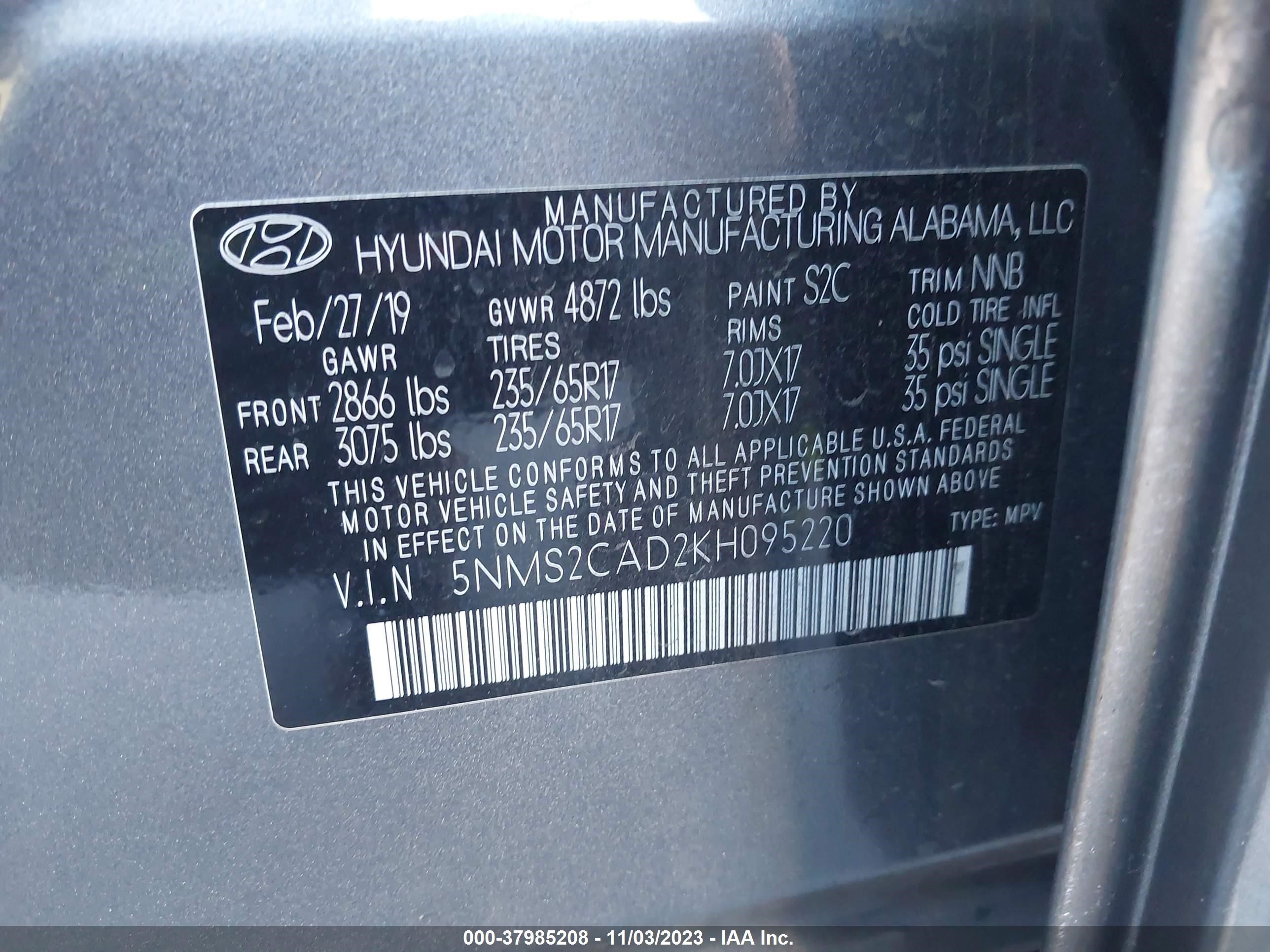 Photo 8 VIN: 5NMS2CAD2KH095220 - HYUNDAI SANTA FE 