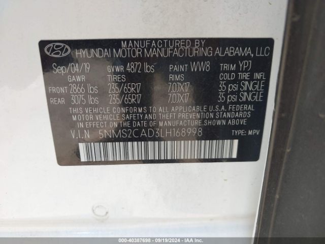 Photo 8 VIN: 5NMS2CAD3LH168998 - HYUNDAI SANTA FE 