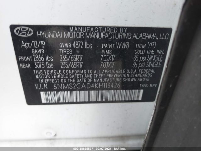 Photo 8 VIN: 5NMS2CAD4KH113426 - HYUNDAI SANTA FE 