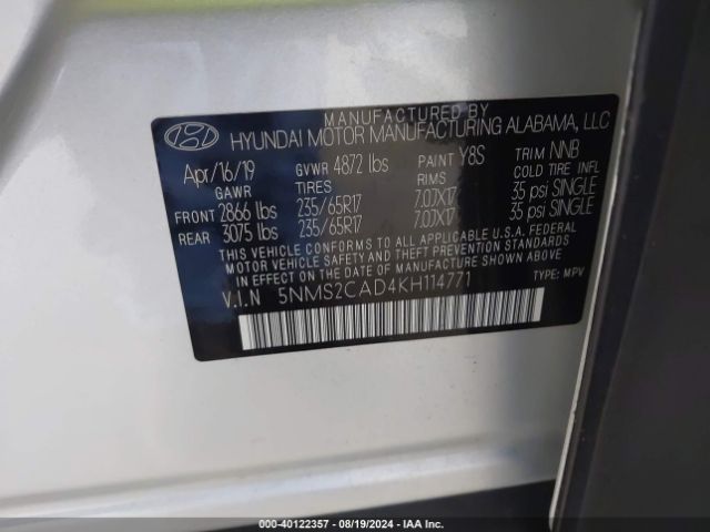 Photo 8 VIN: 5NMS2CAD4KH114771 - HYUNDAI SANTA FE 