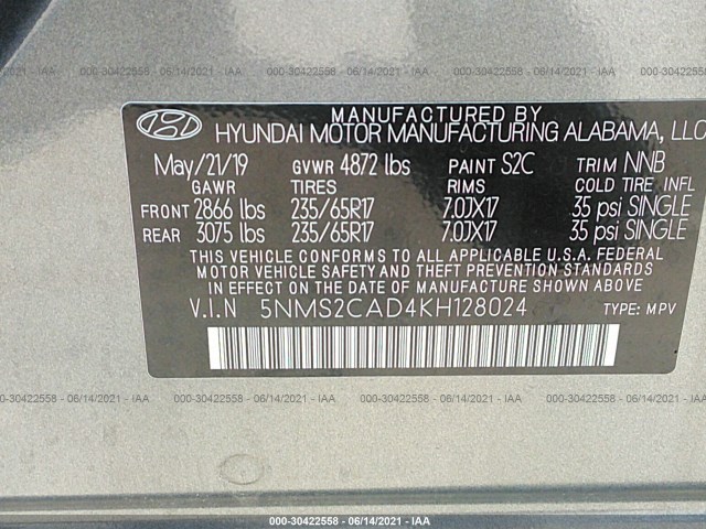 Photo 8 VIN: 5NMS2CAD4KH128024 - HYUNDAI SANTA FE 