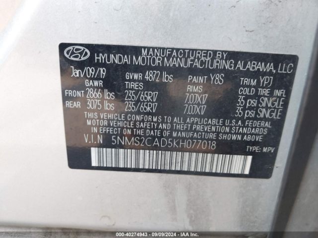 Photo 8 VIN: 5NMS2CAD5KH077018 - HYUNDAI SANTA FE 