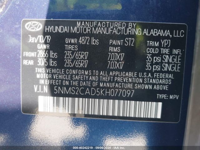 Photo 8 VIN: 5NMS2CAD5KH077097 - HYUNDAI SANTA FE 