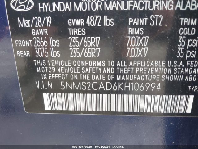 Photo 8 VIN: 5NMS2CAD6KH106994 - HYUNDAI SANTA FE 