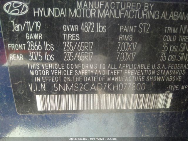 Photo 8 VIN: 5NMS2CAD7KH077800 - HYUNDAI SANTA FE 