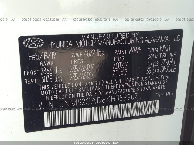 Photo 8 VIN: 5NMS2CAD8KH089907 - HYUNDAI SANTA FE 