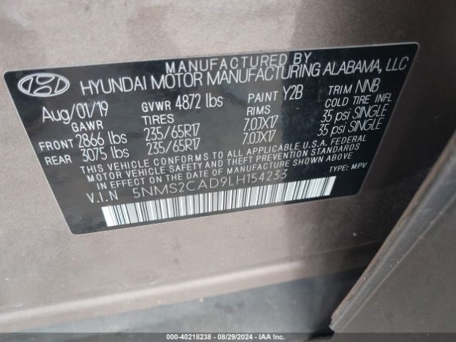 Photo 8 VIN: 5NMS2CAD9LH154233 - HYUNDAI SANTA FE 