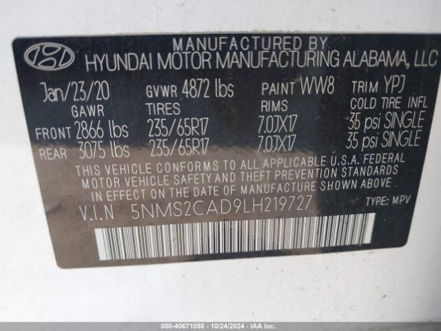 Photo 8 VIN: 5NMS2CAD9LH219727 - HYUNDAI SANTA FE 