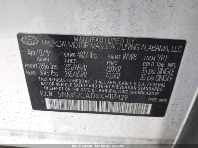 Photo 8 VIN: 5NMS2CADXKH113429 - HYUNDAI SANTA FE 