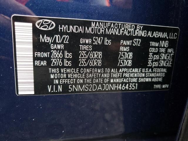 Photo 12 VIN: 5NMS2DAJ0NH464351 - HYUNDAI SANTA FE S 