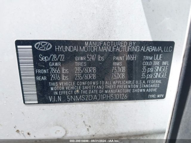 Photo 8 VIN: 5NMS2DAJ1PH510126 - HYUNDAI SANTA FE 