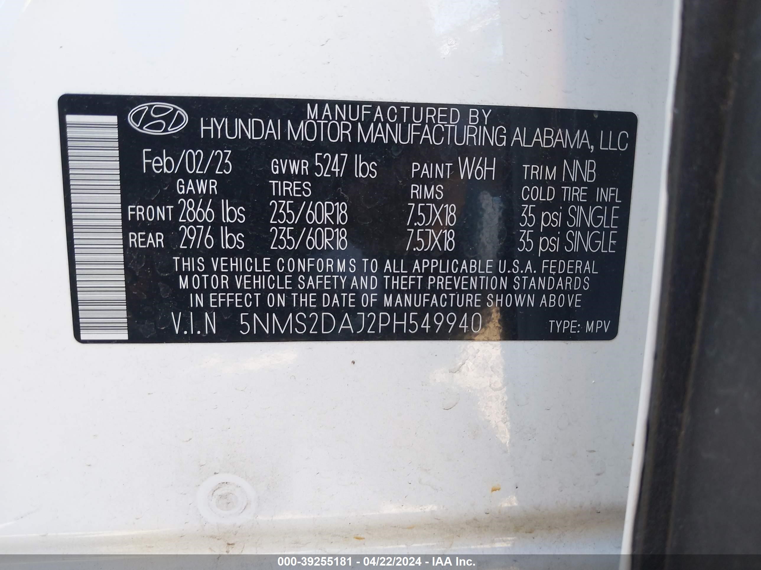 Photo 8 VIN: 5NMS2DAJ2PH549940 - HYUNDAI SANTA FE 