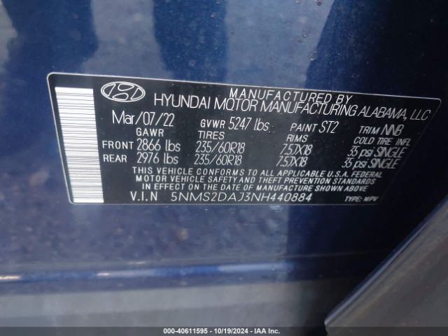 Photo 8 VIN: 5NMS2DAJ3NH440884 - HYUNDAI SANTA FE 