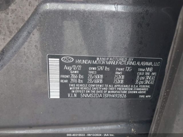 Photo 8 VIN: 5NMS2DAJ3PH492826 - HYUNDAI SANTA FE 