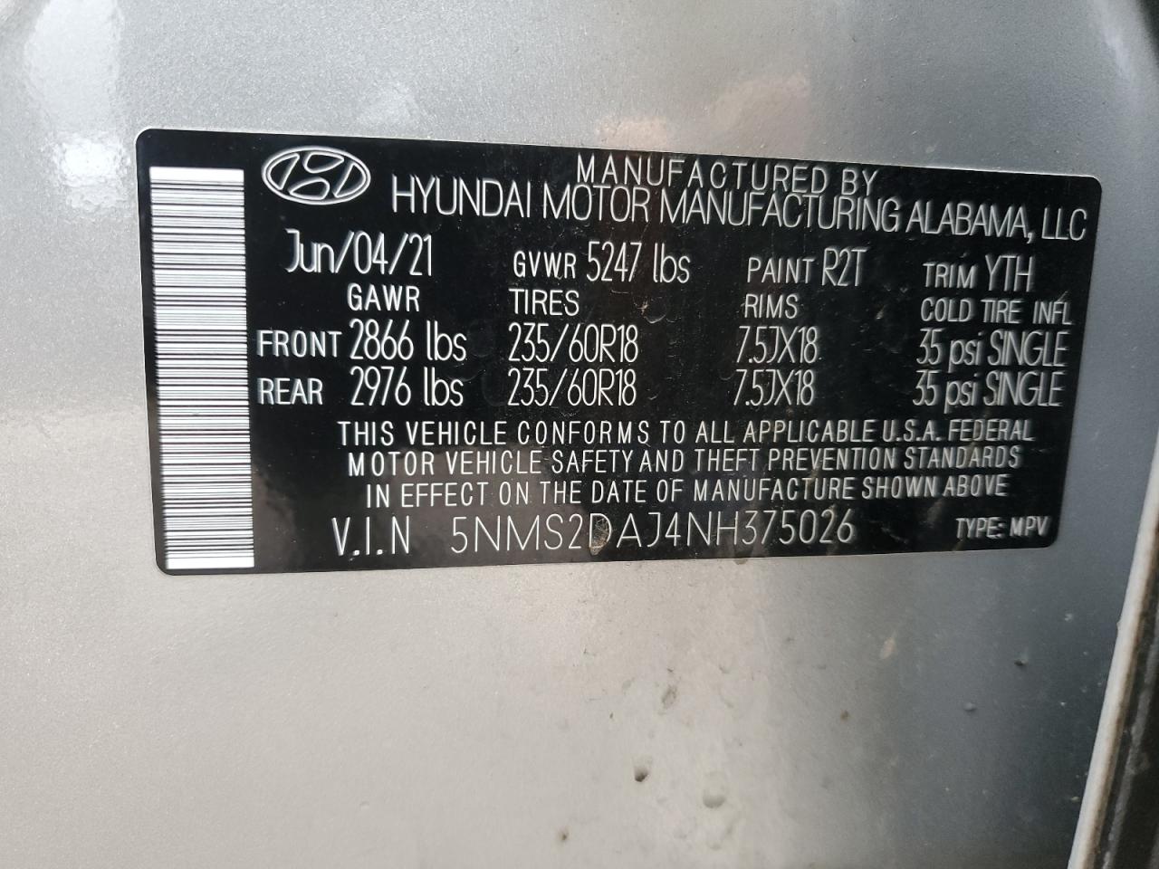 Photo 12 VIN: 5NMS2DAJ4NH375026 - HYUNDAI SANTA FE 