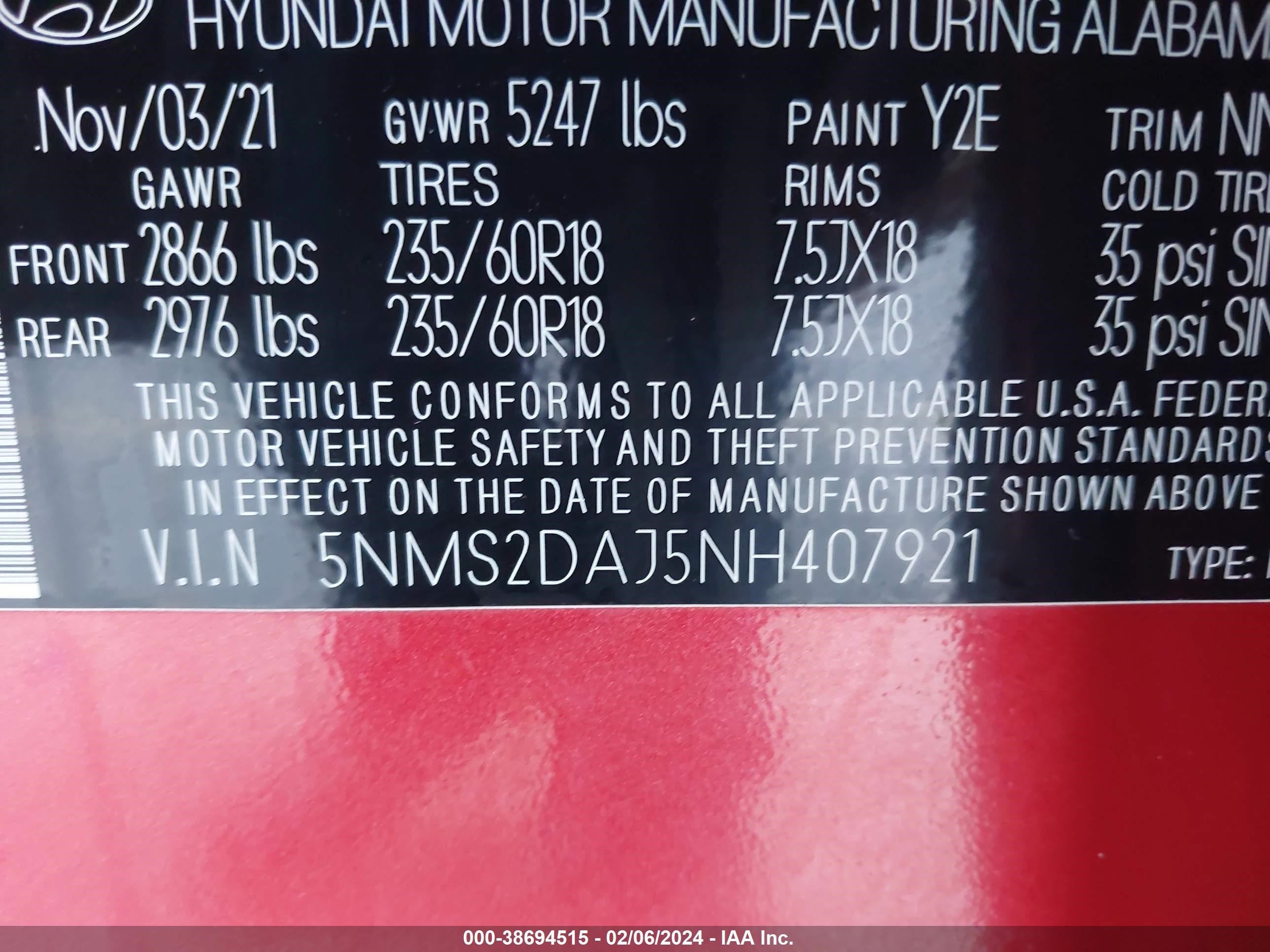 Photo 8 VIN: 5NMS2DAJ5NH407921 - HYUNDAI SANTA FE 