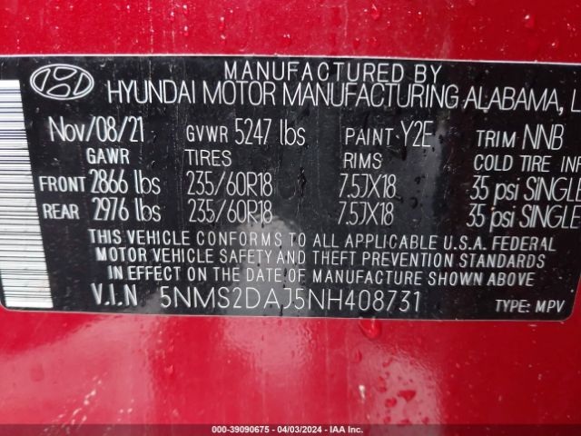 Photo 8 VIN: 5NMS2DAJ5NH408731 - HYUNDAI SANTA FE 