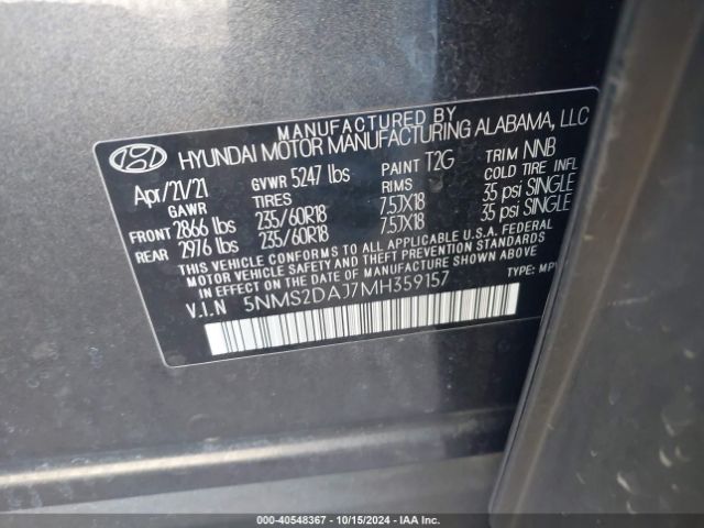 Photo 8 VIN: 5NMS2DAJ7MH359157 - HYUNDAI SANTA FE 