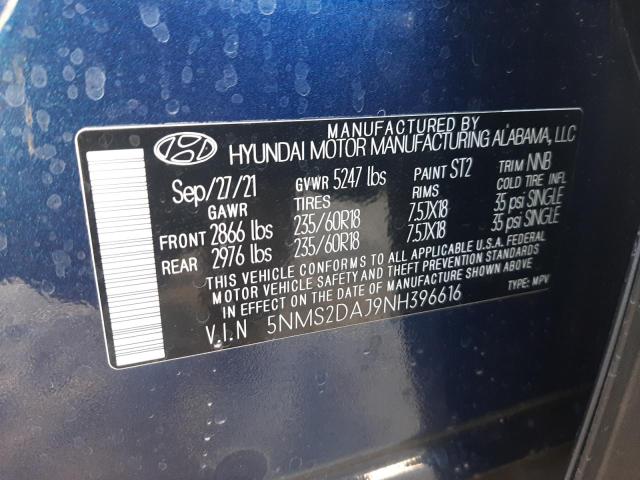 Photo 12 VIN: 5NMS2DAJ9NH396616 - HYUNDAI SANTA FE S 