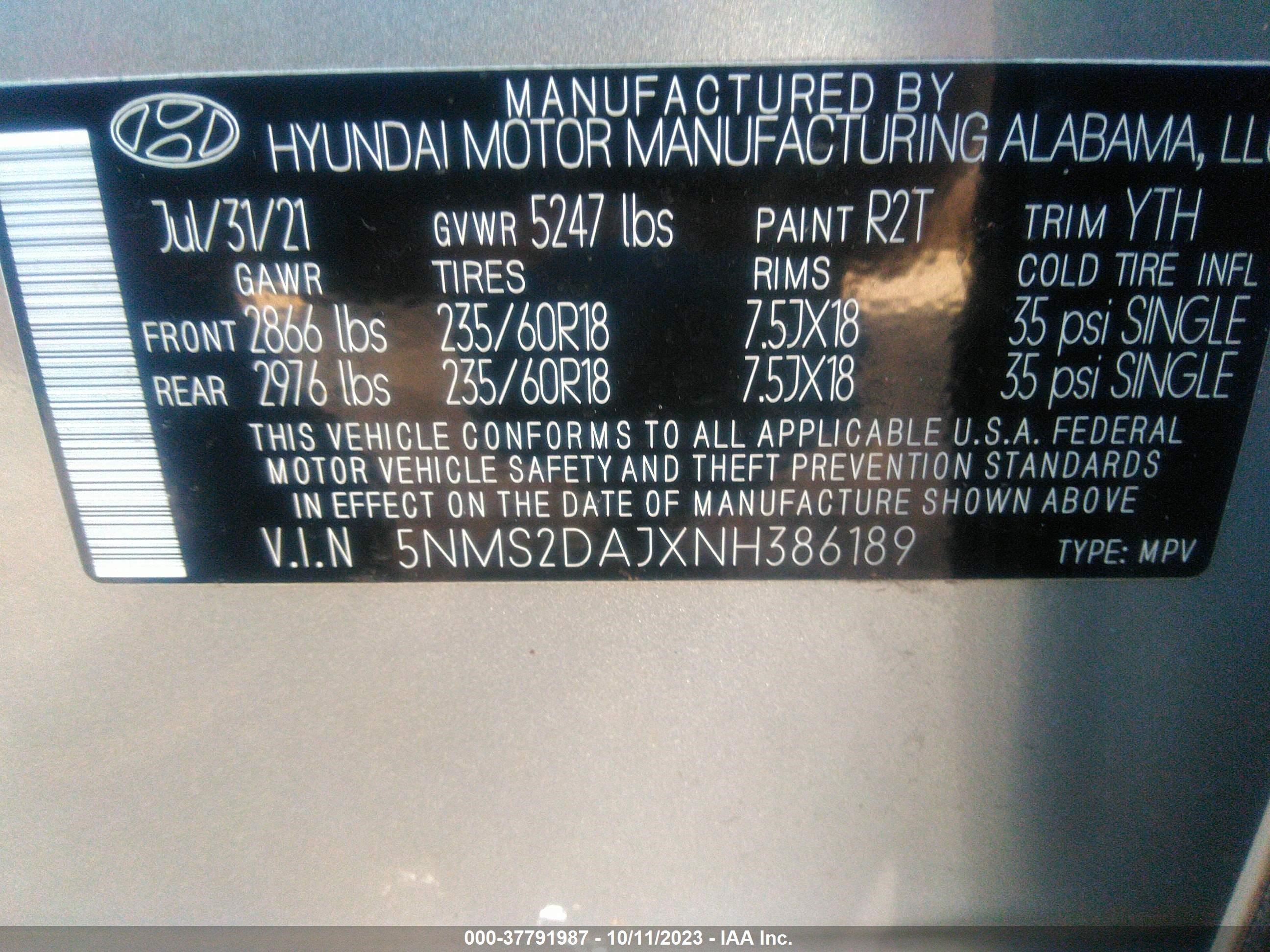 Photo 8 VIN: 5NMS2DAJXNH386189 - HYUNDAI SANTA FE 