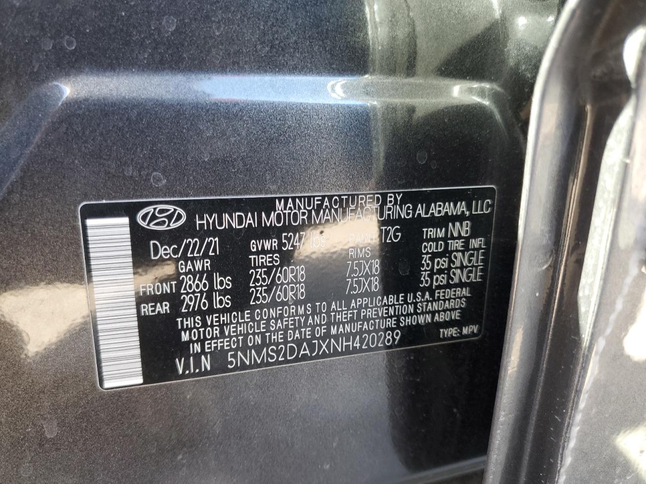 Photo 12 VIN: 5NMS2DAJXNH420289 - HYUNDAI SANTA FE 