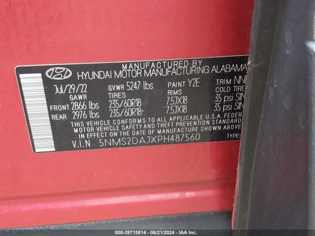 Photo 8 VIN: 5NMS2DAJXPH487560 - HYUNDAI SANTA FE 