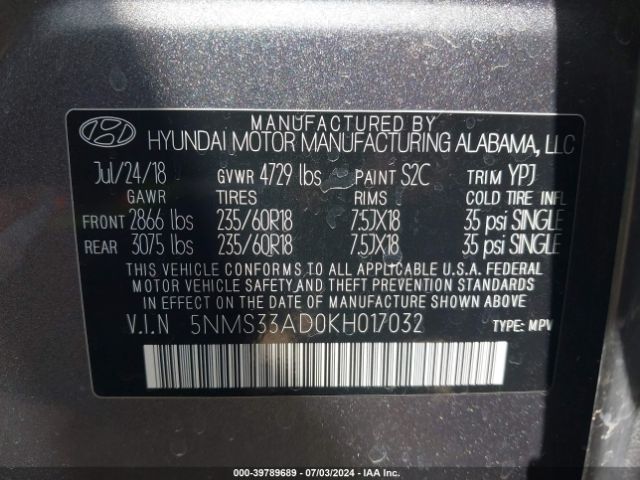 Photo 8 VIN: 5NMS33AD0KH017032 - HYUNDAI SANTA FE 