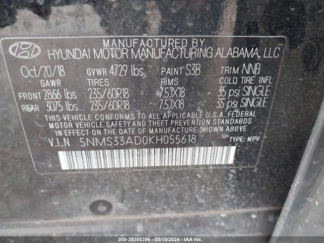 Photo 8 VIN: 5NMS33AD0KH055618 - HYUNDAI SANTA FE 