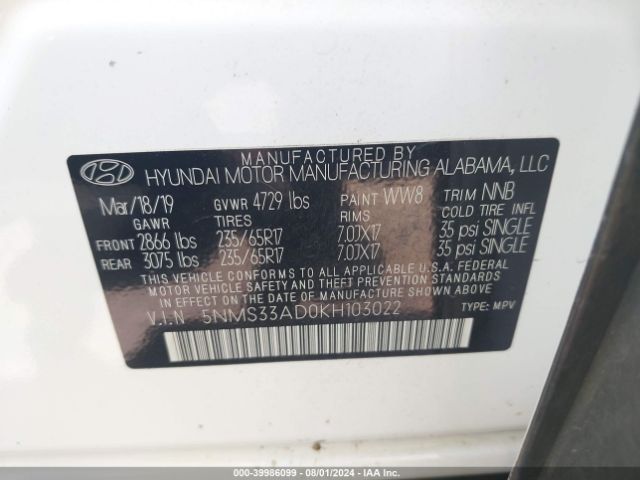 Photo 8 VIN: 5NMS33AD0KH103022 - HYUNDAI SANTA FE 