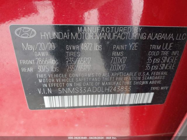 Photo 8 VIN: 5NMS33AD0LH243833 - HYUNDAI SANTA FE 