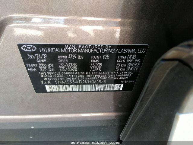 Photo 8 VIN: 5NMS33AD2KH081878 - HYUNDAI SANTA FE 