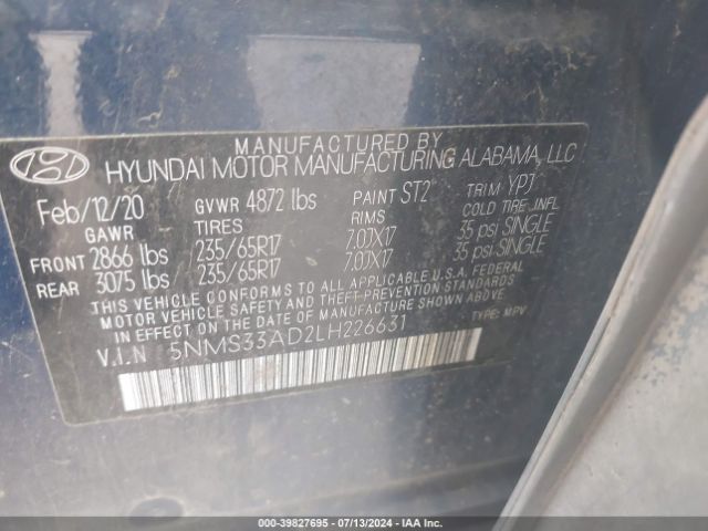 Photo 8 VIN: 5NMS33AD2LH226631 - HYUNDAI SANTA FE 