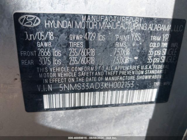 Photo 8 VIN: 5NMS33AD3KH002153 - HYUNDAI SANTA FE 