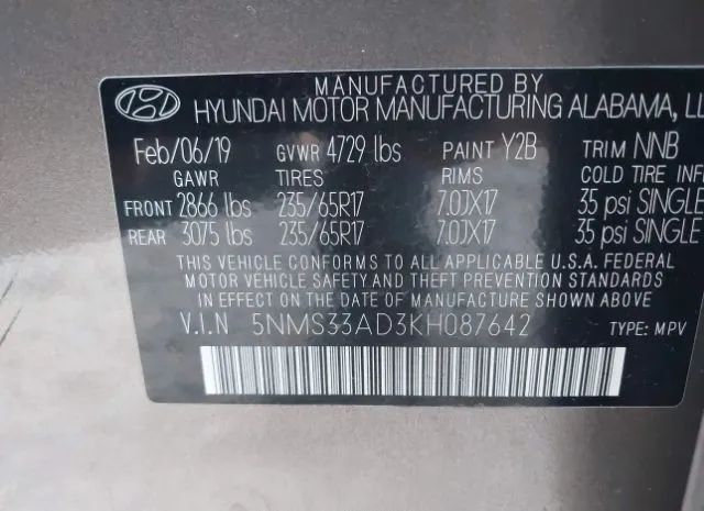 Photo 8 VIN: 5NMS33AD3KH087642 - HYUNDAI SANTA FE 