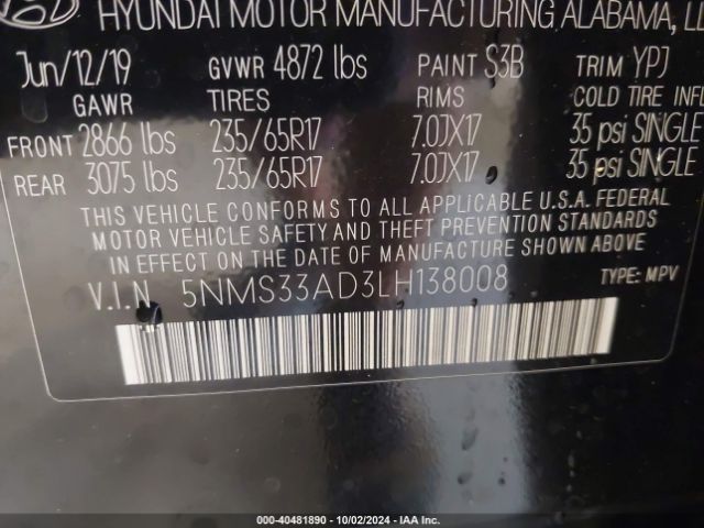 Photo 8 VIN: 5NMS33AD3LH138008 - HYUNDAI SANTA FE 