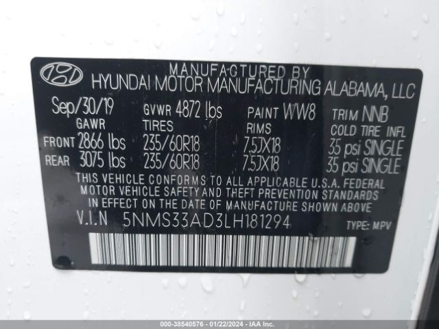 Photo 8 VIN: 5NMS33AD3LH181294 - HYUNDAI SANTA FE 