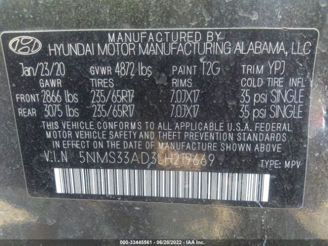 Photo 8 VIN: 5NMS33AD3LH219669 - HYUNDAI SANTA FE 