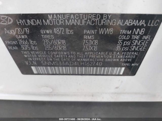 Photo 8 VIN: 5NMS33AD4LH162740 - HYUNDAI SANTA FE 